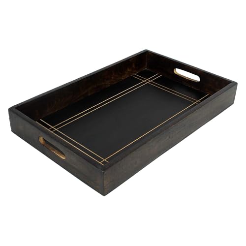 Ajuny Handgefertigtes Schwarzes Serviertablett aus Holz – 15 x 10 Zoll Große Dekorative Platte mit Elegant Geschnitzten Linien für Snacks Frühstück und Heim Dekoration Serving Tray von Ajuny