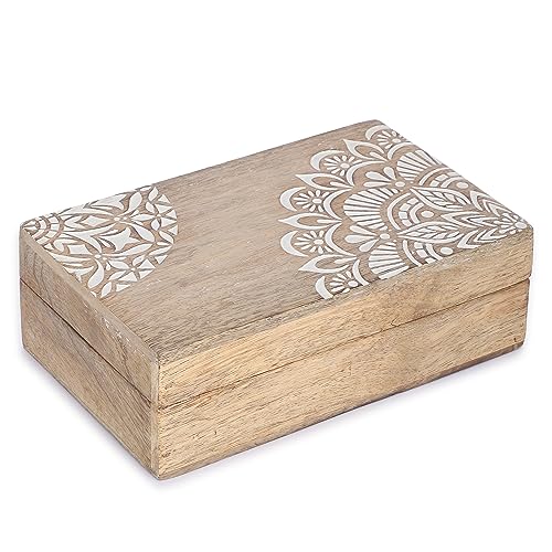Ajuny Handgeschnitzte Dekorative Schmuck Aufbewahrungsbox aus Holz mit Eckblumen Design Mehrzweck Schatztruhe Andenken Organizer Halsketten Armbänder Uhrenboxen Geschenke 8x5 Zoll von Ajuny