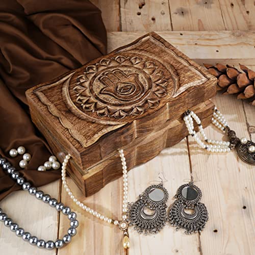Ajuny Handgeschnitzte Dekorative Schmuck Aufbewahrungsbox aus Holz mit Hamsa Schnitzereien Mehrzweck Schmuckhalter Andenken Reiseschatztruhe Uhrenbox Tolle Geschenke, 9x6 Zoll von Ajuny