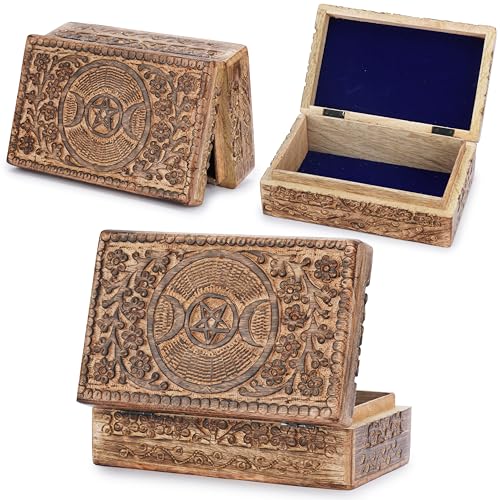 Ajuny Handgeschnitzte Dekorative Schmuckschatulle aus Holz mit Mond Stern und Blumen Schnitzereien Mehrzweck Andenken Aufbewahrungsorganisator Reise Schatztruhe Schmuckhalter Geschenke, 8x5 Zoll von Ajuny
