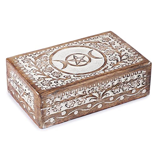 Ajuny Handgeschnitzte dekorative Holzkiste mit Mond-Stern-Blumenschnitzereien Weiß – Mehrzwecknutzung als Schmuckaufbewahrung, Schmuckhalter oder Uhrenbox, ideal für Geschenke von Ajuny