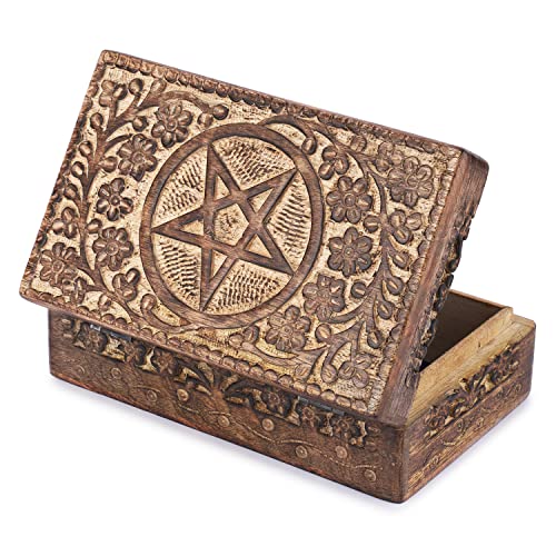 Ajuny Handgeschnitzte Schmuckschatulle aus Holz mit Sternkreis Blumenschnitzerei 8x5 Zoll – Dekorative Aufbewahrungsbox für Schmuck Andenken Reise Organizer Schatztruhe Geschenkidee von Ajuny
