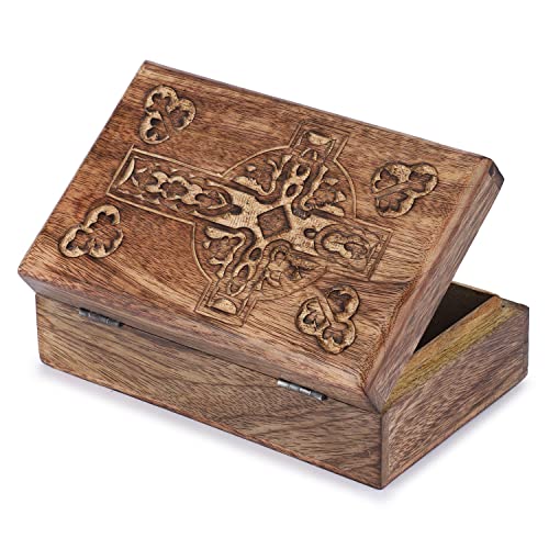 Ajuny Handgeschnitzte Dekorative Schmuck Aufbewahrungsbox aus Holz mit keltischem Kreuz Schnitzerei Design Mehrzweck Schatztruhe Andenken Organizer Halsketten Uhrenboxen Geschenke 8x5 Zoll von Ajuny