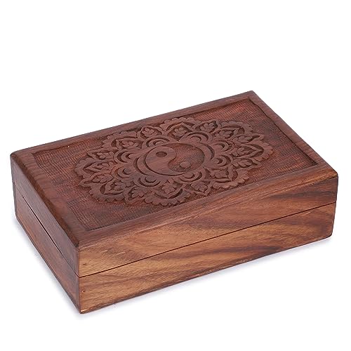 Ajuny Handgeschnitzte dekorative Schatzkiste aus Holz mit Tai-Chi-Blumenschnitzereien – vielseitig einsetzbar als Schmuckaufbewahrung, Uhrenbox, ideal für Geschenke – braun, 20,3 x 12,7 cm von Ajuny