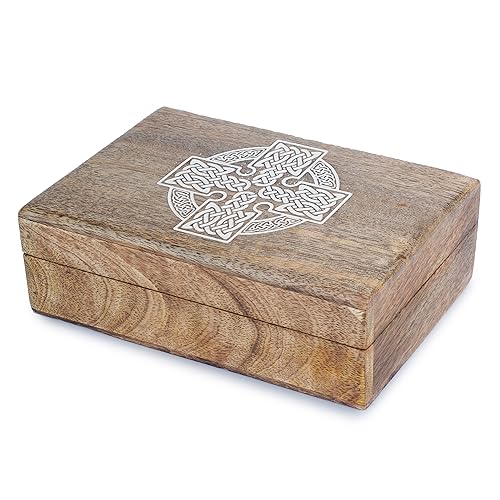 Ajuny Andenken Schmuckkästchen aus Holz in Braun und Weiß für Mädchen und Frauen dekorativer Aufbewahrungs organisator keltisches Kreuz Design Schatztruhe Schmuckkästchen ideal für Geschenke, 8x5 Zoll von Ajuny