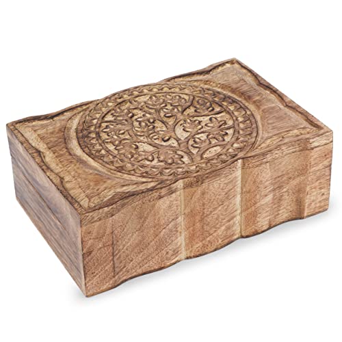 Ajuny Holz handgefertigte dekorative Box mit Mitte Baumschnitzereien Braun - Mehrzweck Verwendung als Schmuckaufbewahrung, Uhrenbox, ideal für Geschenke 9X6 von Ajuny