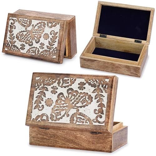 Ajuny Handgefertigte Holz Schatztruhe 8 x 5 Zoll – Schmuckkästchen mit Schmetterlingsmuster Weiß Braun – Aufbewahrungsbox für Schmuck Uhren Erinnerungen – Geschenk für Frauen Männer von Ajuny
