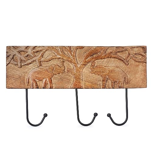 Ajuny Kleiderhaken aus Holz Wandgarderobe 3 Haken mit Zwei Elefanten Schnitzerei zum Aufhängen von Kleidung Bademänteln Handtüchern Mänteln Heimdekoration Geschenke – 37.5 X 21 CM von Ajuny
