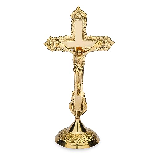 Ajuny Messing Kruzifix Dekoratives Kreuz Mit Ständer katholische Jesus Christus Statue Tischplatte für Heimbüro Kirchendekoration Religiöse Geschenke – Golden, 9 Zoll von Ajuny