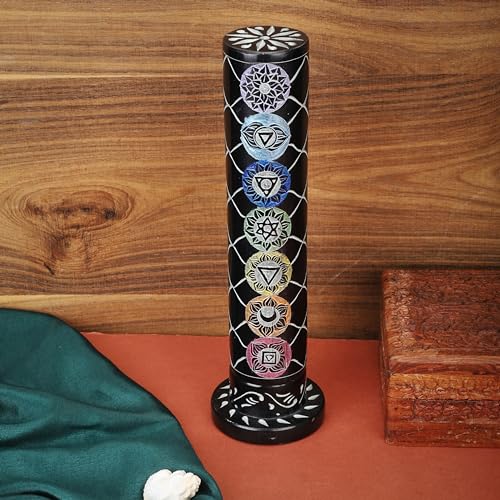 Ajuny Räucherstäbchen Turmbrenner aus Schwarzem Marmor Speckstein, 3x3x10.5 Zoll Rund Dekorativer Teelichthalter mit 7 Mantra Schnitzereien für Zuhause Büro Duft Yoga Meditation Zubehör von Ajuny
