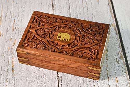 Ajuny Handgefertigte Dekorative Holz Schmuckschatulle mit Elefanten Prägung handgeschnitzt solide Andenken Aufbewahrung Reise Organizer Schatzkiste Schmuckhalter ideal für Geschenke, 17,8 x 12,7 cm von Ajuny