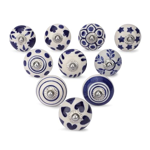 Ajuny Set of 10 Blue and White Ceramic Knobs Hand Painted Floral Design for Kitchen Cabinets Bathroom Cupboards Dresser Drawers Chest Handmade Pottery Handles Pull Decorative Knobs von Ajuny