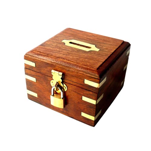 Ajuny Spardose aus Holz handgefertigt quadratische Form aus Holz Münz Sparschwein mit Schloss Geldspar Aufbewahrung sichere Box für Erwachsene und Kinder Geburtstagsgeschenk Dekoration, 10,2 cm von Ajuny