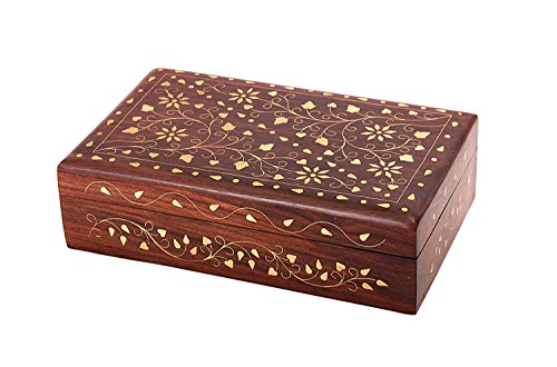 Wooden Decorative Jewelry Storage Keepsake Box Organiser with Mughal Inspired Brass Inlay-8x5 Inches von Ajuny