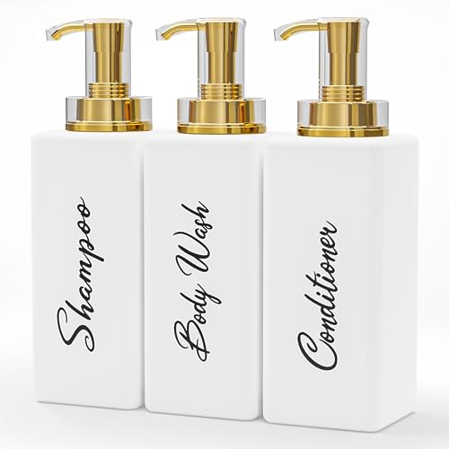 Akalin Nachfüllbare Shampoo- und Conditioner-Flaschen, 473 ml, Weiß und Gold, Seifenspender für Badezimmer, Shampoo und Conditioner, Spender für Badezimmerlotion, Körperwäsche, Massageöle (weiß) von Akalin