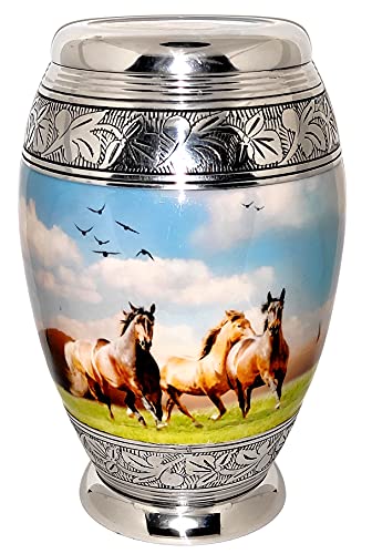 Urne für Gedenkstätten für Menschen, mit schönem Pferdemotiv, 26 cm hoch, verchromt von Akanksha Arts