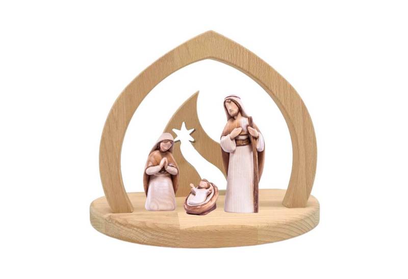 Akantus Krippe Weihnachtskrippe aus Holz: Hl. Familie (gebeizt) mit Familienstall, holzgeschnitzt, handbemalt, Ahornholz, Made in Südtirol von Akantus