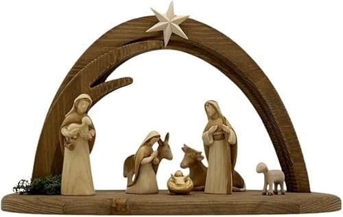 Akantus Krippe aus Holz: 7er Set (gebeizt) mit Krippenbogen (12 cm) von Akantus