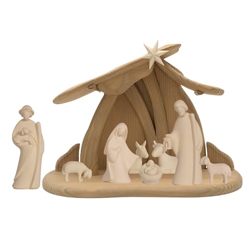 Akantus Leonardo Weihnachtskrippe aus Holz: 8er Set mit Stall HL.Nacht klein (10 cm, Natur) von Akantus