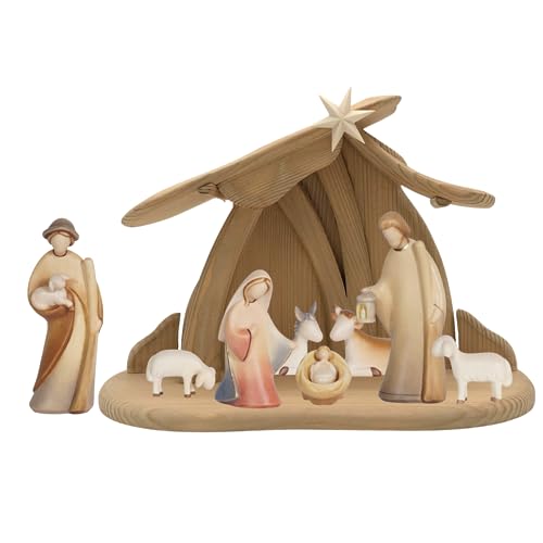 Akantus Leonardo Weihnachtskrippe aus Holz: 8er Set mit Stall HL.Nacht klein (13 cm, bemalt) von Akantus
