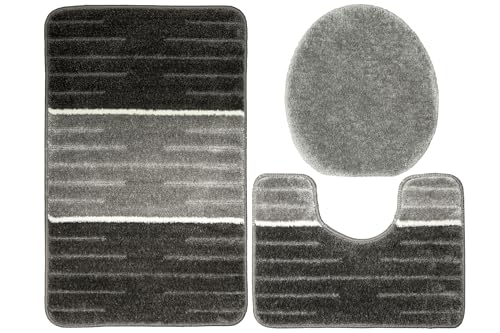 Badteppich COMO Badematte Modisches Muster Zwei Ebenen weich Angenehm rutschhemmend Linien geometrisches Muster AKCILA (grey, 50x80 + 40x50cm + Auflage) von Akcila