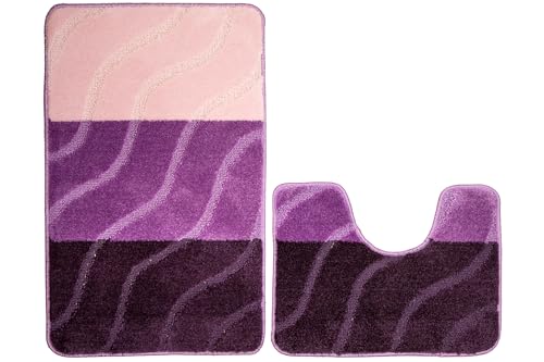 Badteppich FIORI Badematte Modisches Muster Blau Rot Violett Zweistufig Weich Angenehm Anti-Rutsch Wellen AKCILA Streifen gummiert Latex (pink, 50x80 + 40x50cm) von Akcila