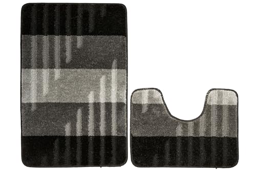 Badteppiche VIC Badematte Modisches Farbmuster zwei Ebenen Weich Angenehm Anti-Rutsch Wellen AKCILA Streifen gummiert Latex (grey, 50x80 + 40x50cm) von Akcila