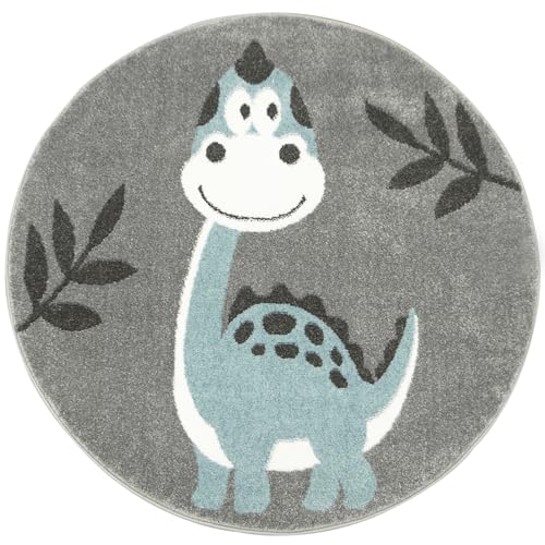 Teppich LIMA Dinosaurier Blätter grau für Kinderzimmer Baby Jungen Mädchen für Schlafzimmer (D120cm) von Akcila