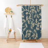 Duschvorhang Botanisch Blau Boho Vorhang Umweltfreundlich Material Wasserfest Extra Strapazierfähig Blätter Gardine Unikat Dekorhaken Inklusive von Akesem