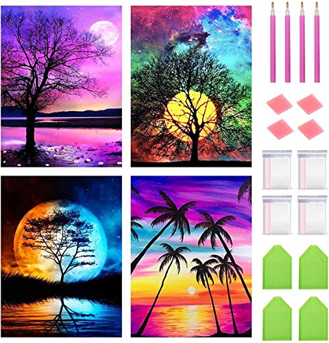 AkiiGer 5D Diamond Painting Bilder 4 Set, Baum,Mond Diamant Painting für Erwachsene, 4 Stück Diamant Malerei Full Drill Kristall Set, für House Wall Dekoration(30x40cm) von AkiiGer