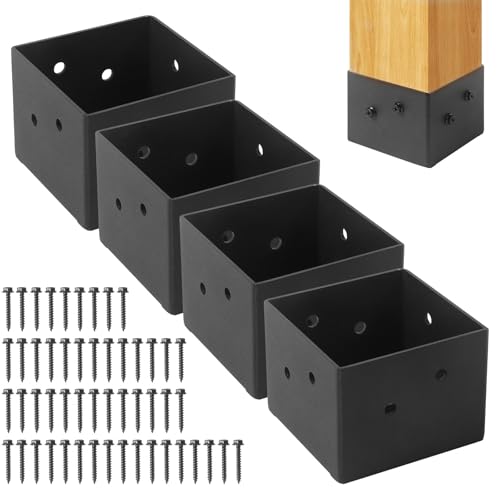 AkiiGer Pfostenträger für Beton (Innengröße 9,1 x 9,1 cm), robuste Stahlpfostenhalterungen, schwarz pulverbeschichtet, für Deckgeländer, unterstützt Pergola, Veranda, Pfostenhalter, 4 Stück von AkiiGer