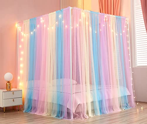 Akiky Himmel-Bettvorhänge mit Lichtern, 4 Eckpfosten, Betthimmel für Erwachsene und Mädchen, Regenbogen-Bettvorhänge, Netz, 8 Vorhänge, Full/Queensize-Bett von Akiky