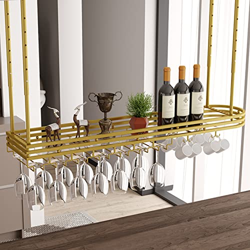 AkosOL Industrielles hängendes Weinregal mit Lichtern, verstellbares Weinglasregal an der Decke, Flaschenhalter aus Metall zur Wandmontage, Weinregal 80/100/120 cm (Gold 120 x 25 cm) von AkosOL
