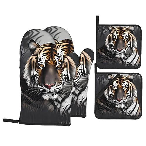 Tiger At Rest Ofenhandschuhe und Topflappen-Set, hohe Hitzebeständigkeit, Verbrennungsschutz, vierteiliges Küchen-Backset für Küche, zum Aufdecken von Mikrowelle, Grillen, Ofen, Endplatte von AkosOL