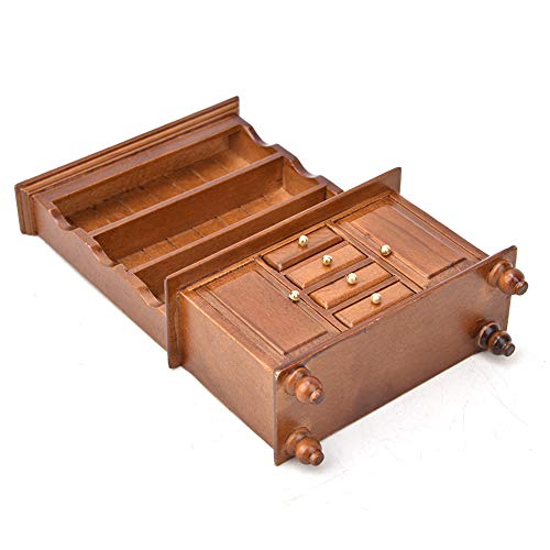 Akozon 1:12 Mini Holzpuppenhaus Bücherregalschrank mit 4 Schubladen DREI Schicht Design (Brown) von Akozon