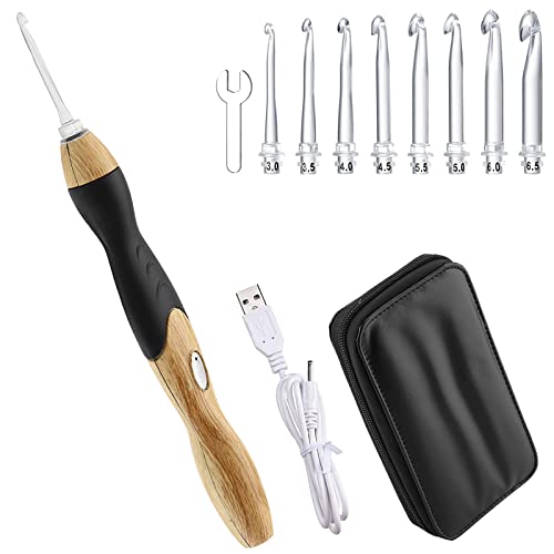 LED Häkelnadel Set, Akozon 9 in 1 USB Aufladbar leuchten Häkeln Stricken Nadeln Ergonomic Nachahmung Holzgriff Häkelnadeln Hand Stricken Werkzeuge 2,5 mm-6,5 mm mit Fall von Akozon