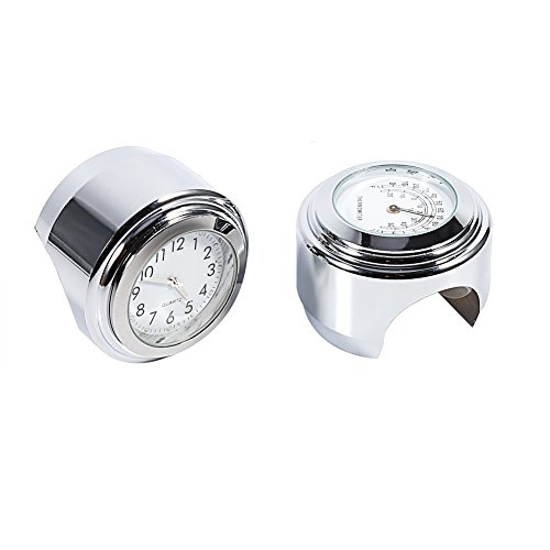 Akozon Lenkerhalterung Uhr, 7/8 "1" Aluminiumlegierung Motorrad Lenkerhalterung Uhr Weiße Motorrad-Zifferblattuhr und Thermometer für Motorrad von Akozon