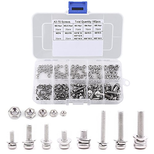 Akozon Pan Kopf Schrauben Muttern 160pcs Edelstahl SS304 Pan Kopf Schrauben Muttern Sortiment Kit M2 M2.5 M3 M4 M5 mit Aufbewahrungsbox von Akozon