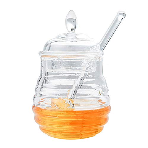 Honiggläser mit Dipper, Honey Jar Dripper Stick Topf Zum Aufbewahren und Ausgeben 245ml Transparent Bienenstockförmig von Akozon