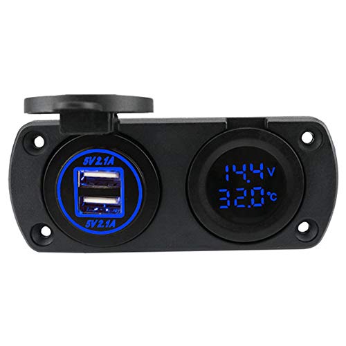 Temperatur Voltmeter Ladegerät Auto Dual USB 12V Steckdose Zigarettenanzünder Steckdose Spannungsmesser Ladebuchse(Blau) von Akozon