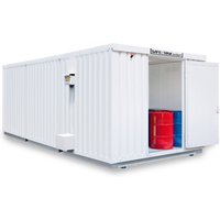SAFE Tank Gefahrstoffcontainer Kombination 2000 ALG, isoliert, vormontiert, kunststoffbeschichtet RAL 9002, Maße außen 3350x4340x2560 mm, Doppelflügeltür (asymmetrische Teilung), mittig in Stirnseite, Zusatztür, Lagerfläche 11 m² von SAFE Tank