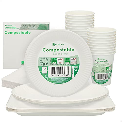 Aktive Procos 71345 Einweggeschirr 100% Papier 10 kleine Teller 10 große Teller 10 große quadratische Teller 20 Einwegbecher 20 Servietten 20 Servietten für 10 Personen von Aktive