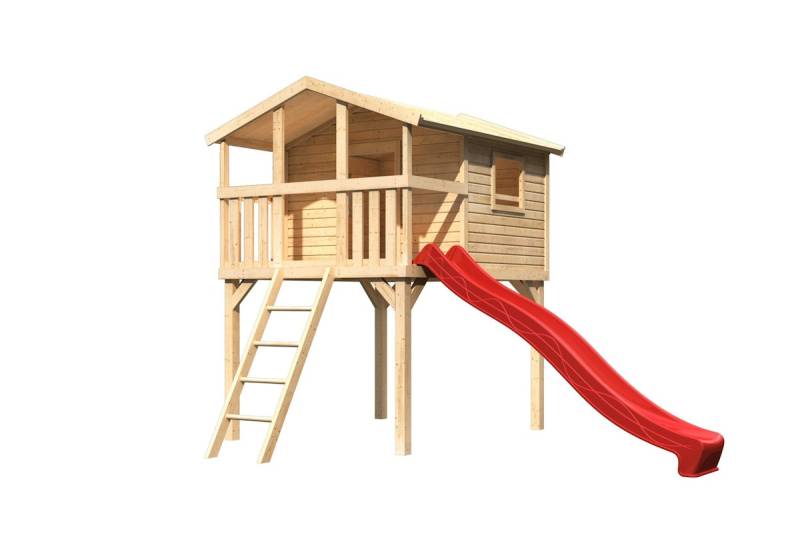 Akubi Kinderspielhaus Kinderspielgerät Benjamin  inkl. Wellenrutsche (Set A)-naturbelassen-rot inkl. gratis Akubi Farbsystem & Kuscheltier von Karibu