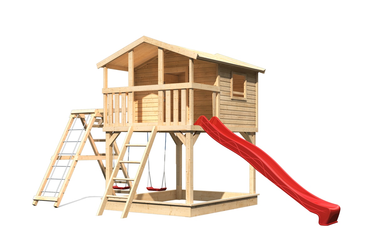 Akubi Kinderspielhaus Kinderspielgerät Benjamin inkl. Wellenrutsche und Doppelschaukelanbau mit Klettergerüst und Netzrampe naturbelassen rot inkl. gratis Akubi Farbsystem & Kuscheltier von Karibu