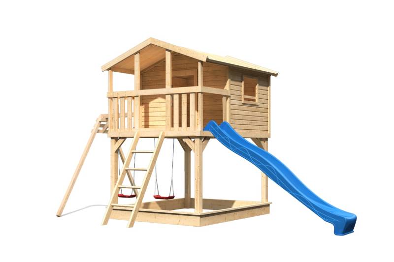 Akubi Kinderspielhaus Kinderspielgerät Benjamin inkl. Wellenrutsche und Doppelschaukelanbau naturbelassen Blau von Karibu