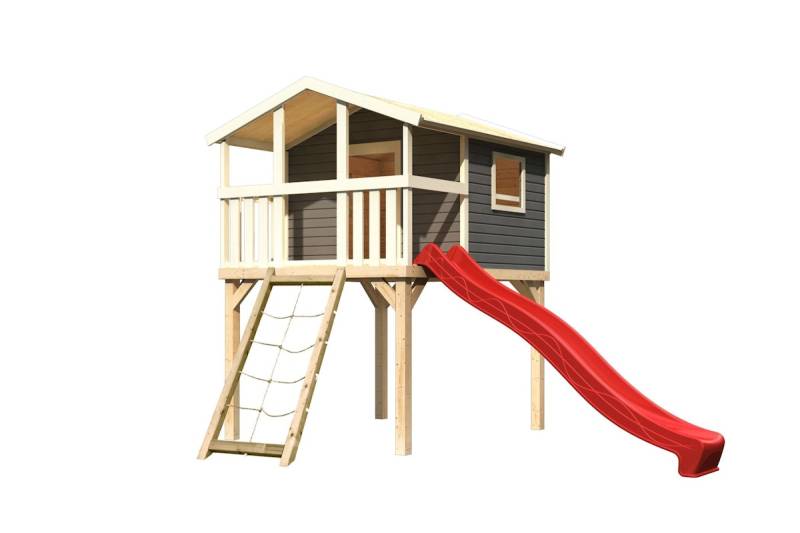 Akubi Kinderspielhaus Kinderspielgerät Benjamin  inkl. Wellenrutsche und Netzrampe (Set B)-terragrau-rot inkl. gratis Akubi Farbsystem & Kuscheltier von Karibu