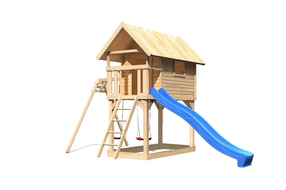 Akubi Kinderspielhaus Kinderspielgerät Gernegross inkl. Wellenrutsche und Doppelschaukelanbau naturbelassen Blau inkl. gratis Akubi Farbsystem & Kuscheltier von Karibu