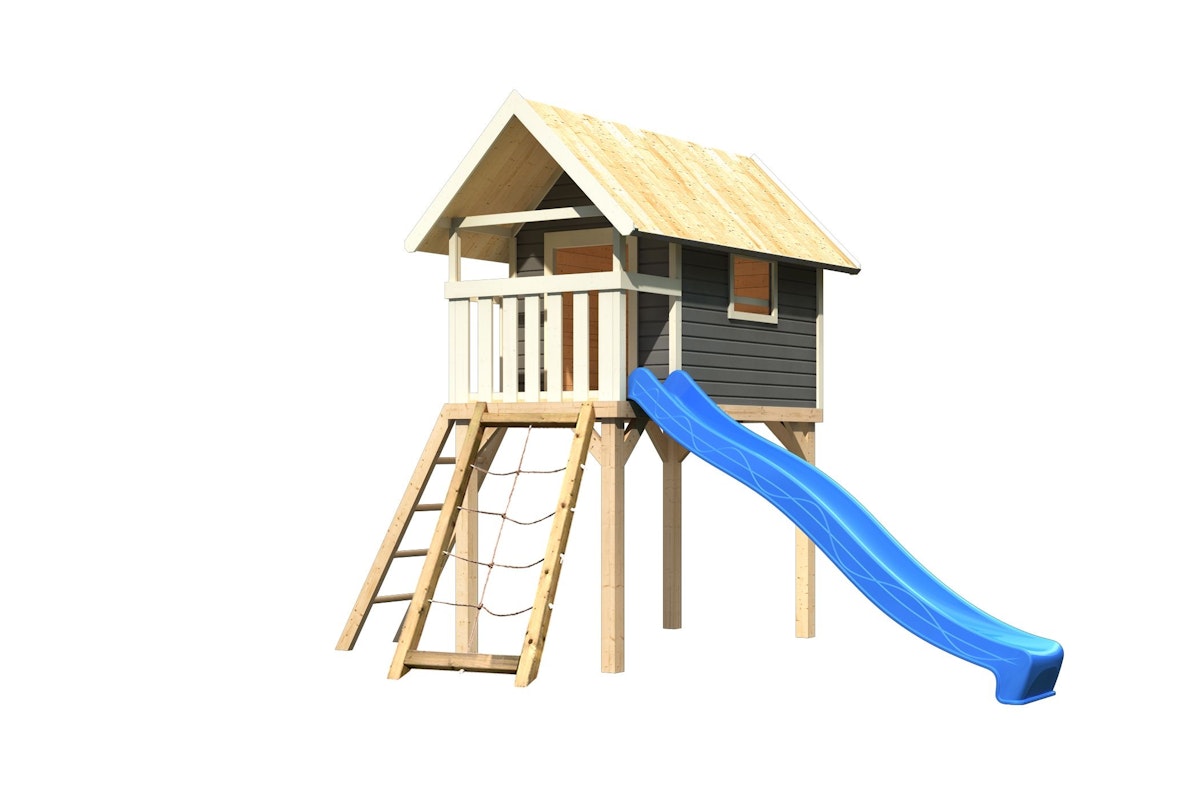 Akubi Kinderspielhaus Kinderspielgerät Gernegross  inkl. Wellenrutsche und Netzrampe (Set B) terragrau blau inkl. gratis Akubi Farbsystem & Kuscheltier von Karibu