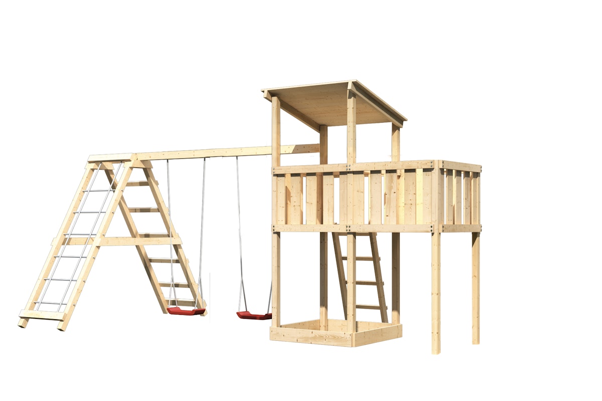 Akubi Kinderspielturm Anna mit Pultdach inkl. Anbauplattform, Doppelschaukel und Klettergerüst naturbelassen inkl. gratis Akubi Farbsystem & Kuscheltier von Karibu