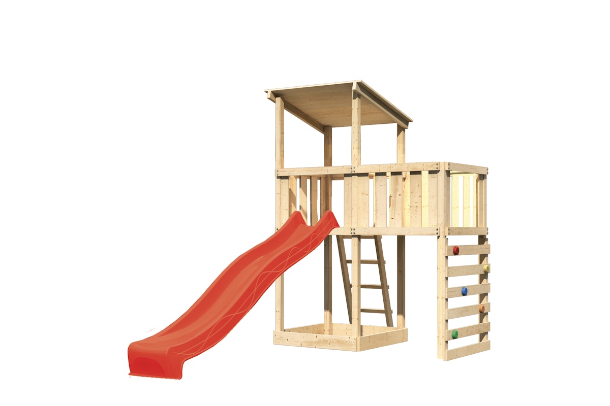 Akubi Kinderspielturm Anna mit Pultdach inkl. Anbauplattform, Wellenrutsche und Kletterwand rot inkl. gratis Akubi Farbsystem & Kuscheltier von Akubi